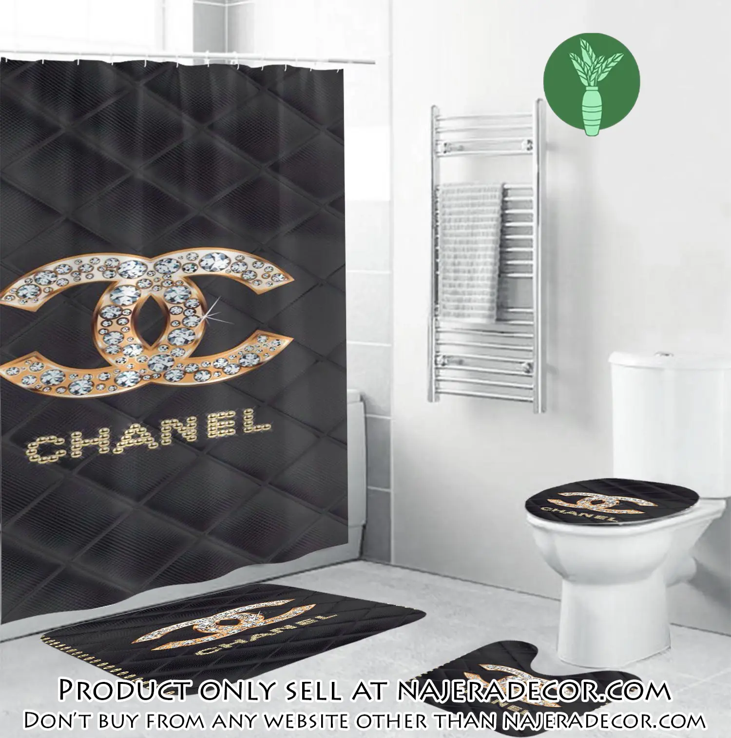Coco chanel golden logo with full of diamonds in argyle background bathroom set shower curtain njr1826023